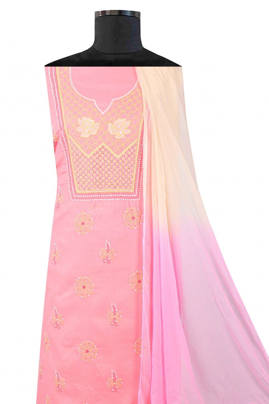 Ada Hand Embroidered Peach Cotton Lucknowi Chikankari Unstitched Suit Piece A610094