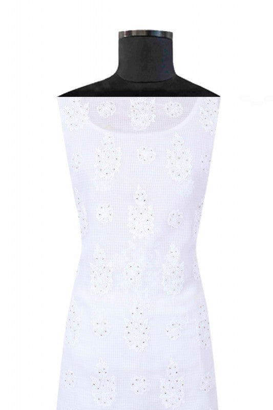 Ada Hand Embroidered White Kota Lucknowi Chikan Unstitched Kurta Piece With Muqaish Work A619166