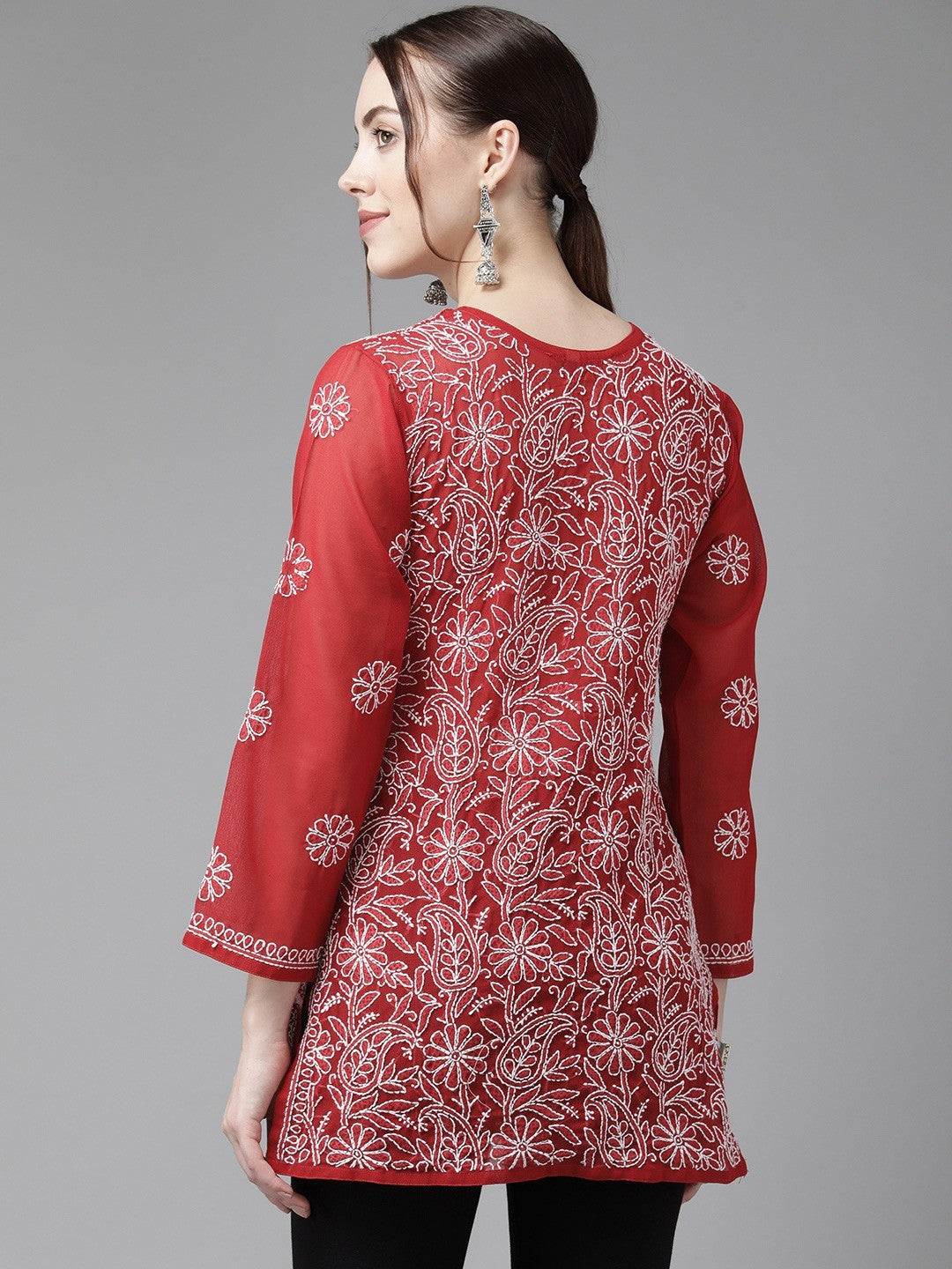 Ada Hand Embroidered Red Georgette Lucknowi Chikankari Straight Kurti A911230