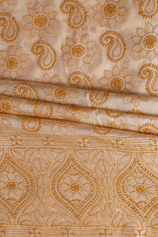 Ada Hand Embroidered Egg Nog Natural Cream Tusser Silk Lucknowi Chikan Unstitched Suit Piece-A446747