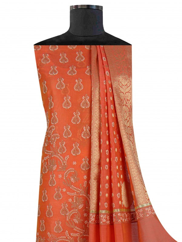 Ada Hand Embroidered Peach Chanderi Lucknowi Chikan Unstitched Kurta Dupatta Set A619028