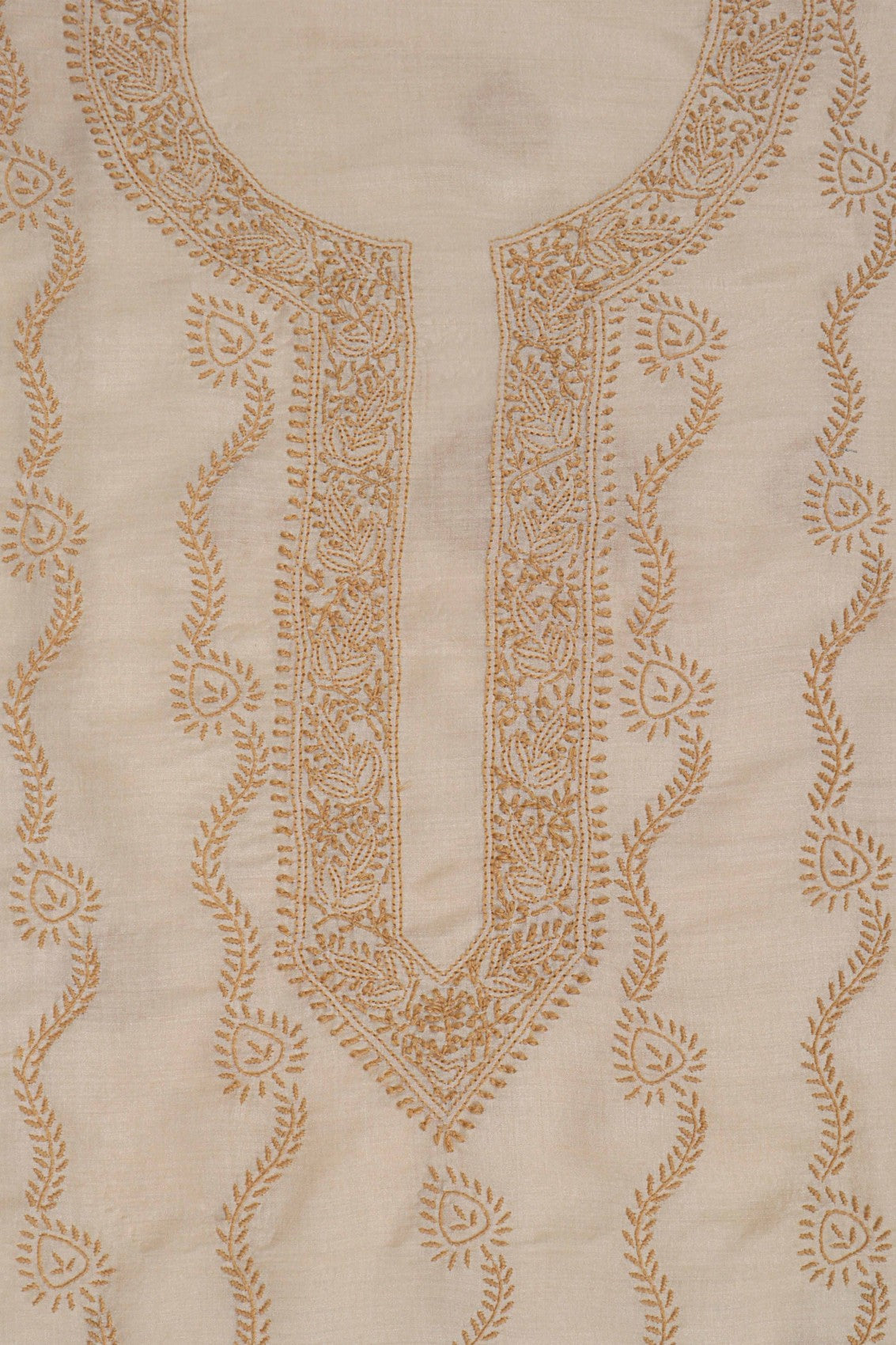 Ada Hand Embroidered Natural Fawn Moonga Silk Lucknowi Chikankari Men's Kurta Piece 01A233115