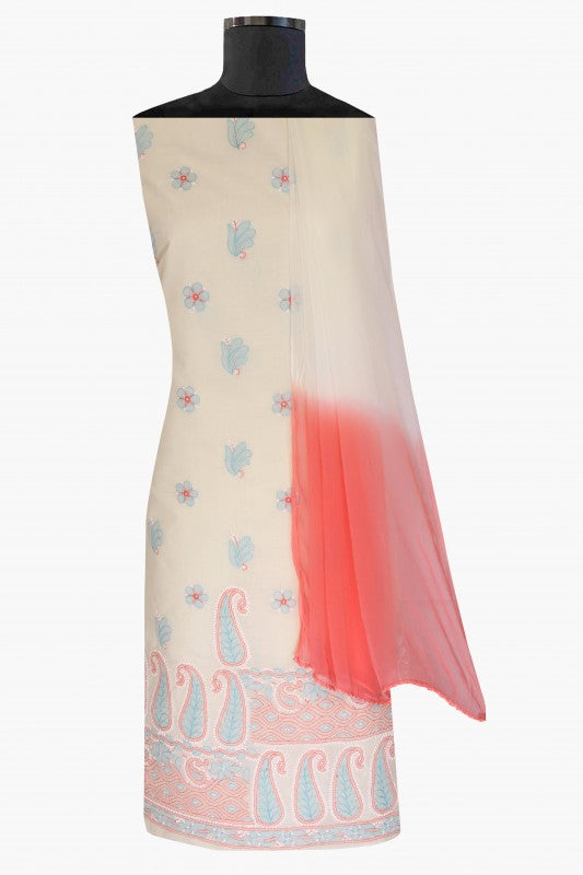 Ada Hand Embroidered Cream/Pink Cotton Lucknowi Chikan Unstitched Suit Piece A621490