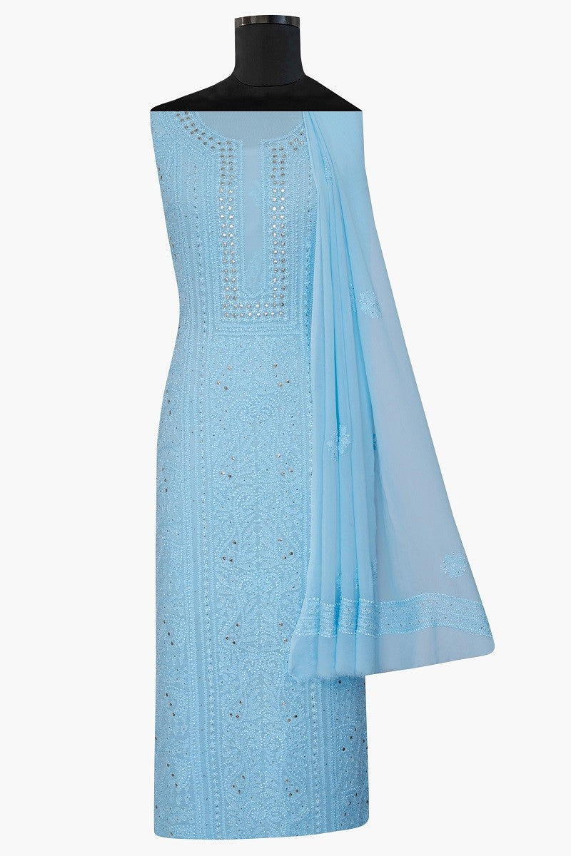 Ada Hand Embroidered Sky Blue Georgette Lucknowi Chikan Unstitched Kurta Dupatta with Muqaish Work A607173