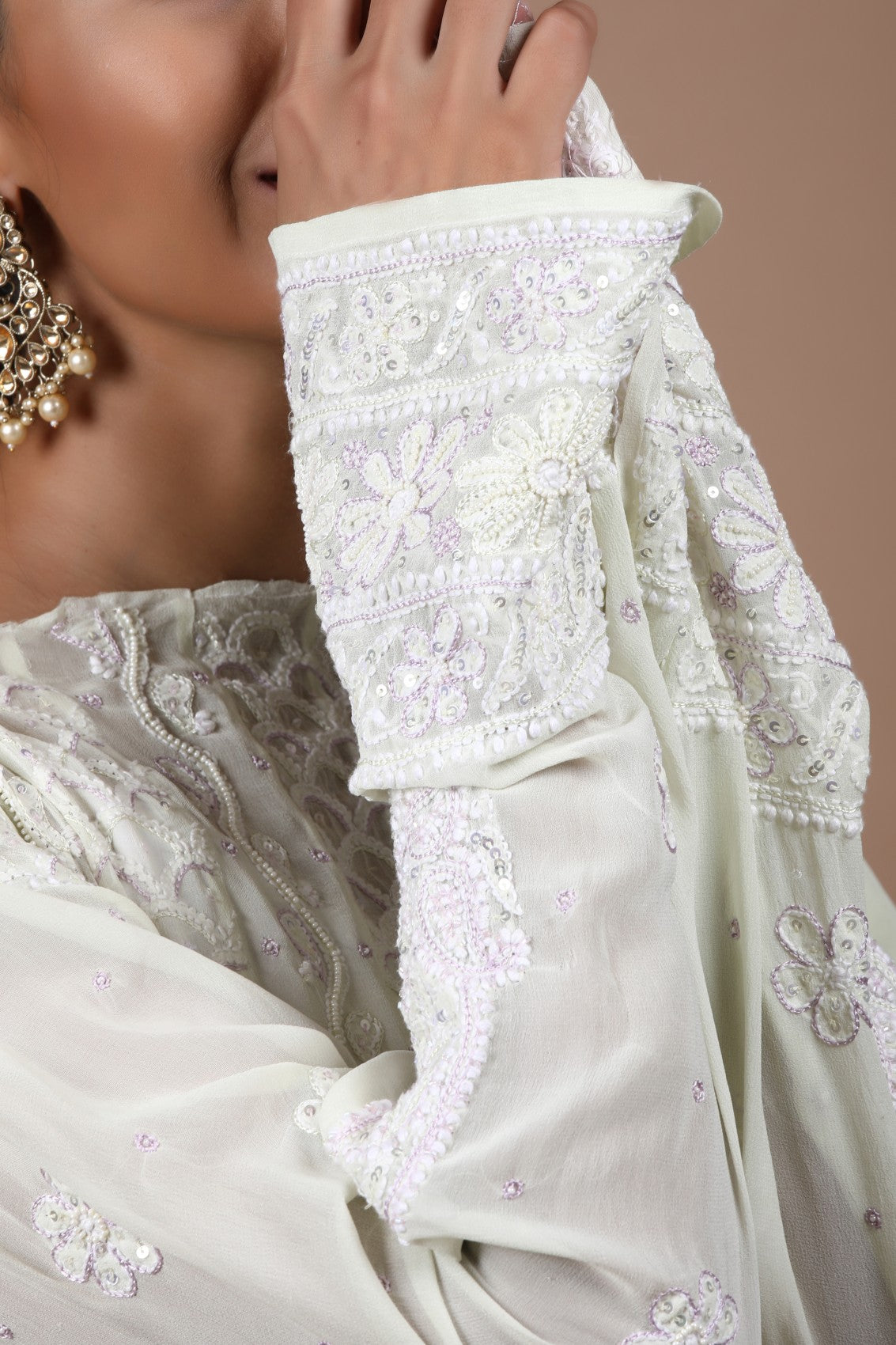 Ada Hand Embroidered Lime Green Pure Georgette Lucknowi Chikankari Semi-Stitched Anarkali Kurta Dupatta Set With Sequinned Work 01A194514