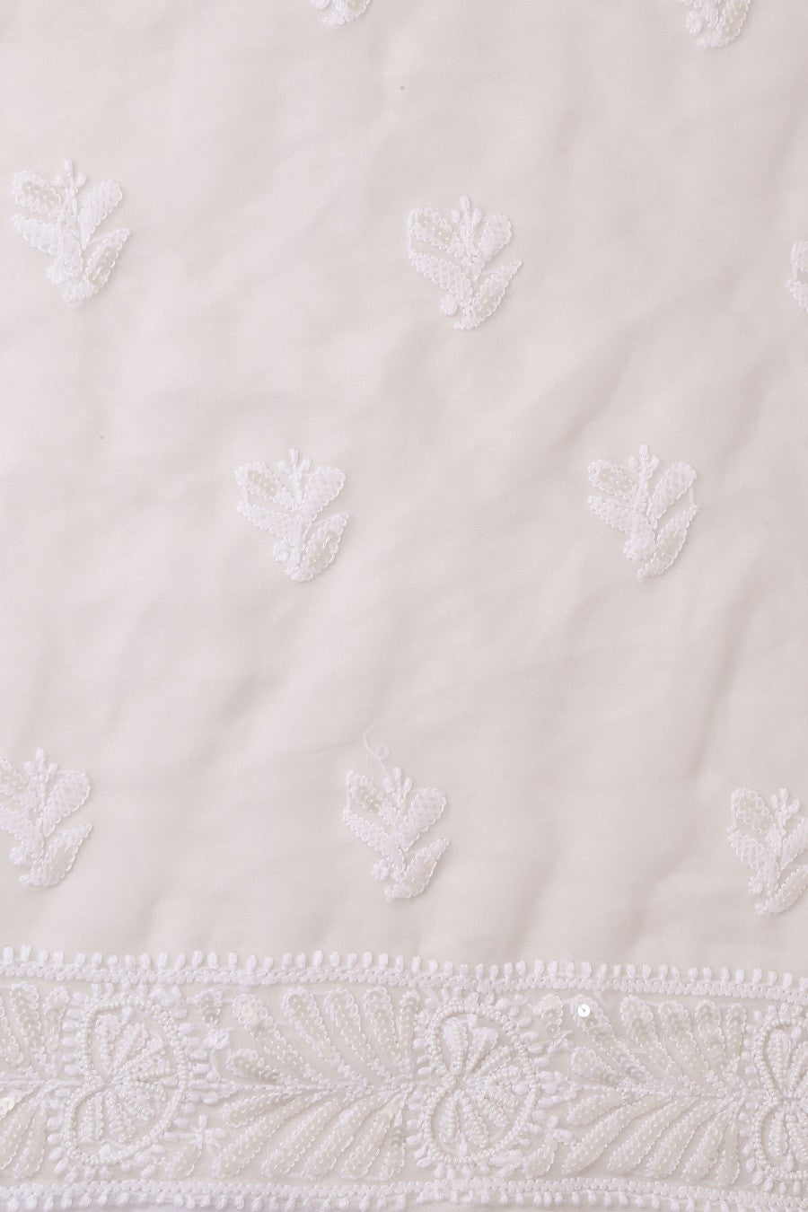 Ada Hand Embroidered White Georgette Lucknowi Chikan Unstitched Kurta Dupatta Set with Pearl & Sequinned A619056