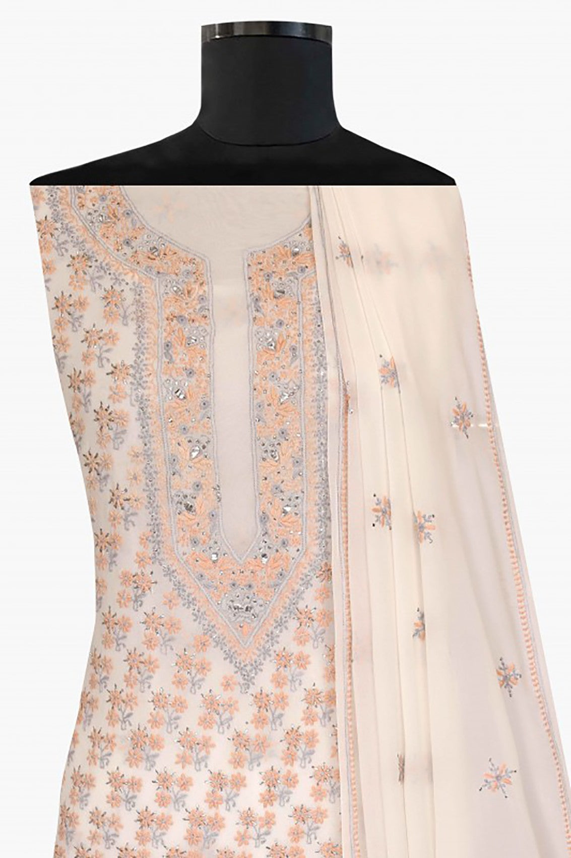Ada Hand Embroidered Off White Pure Georgette Lucknowi Chikankari Unstitched Kurta Dupatta Set With Muqaish Work A164543