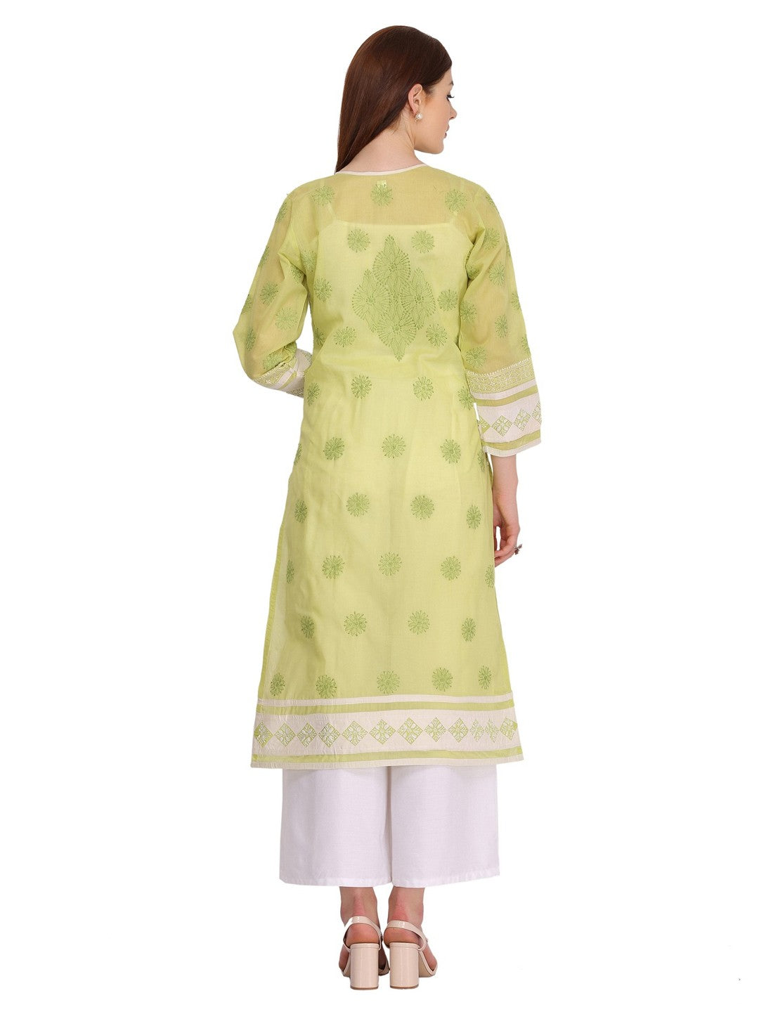 Ada Hand Embroidered Green Cotton Lucknow Chikan Straight Kurta- A282739