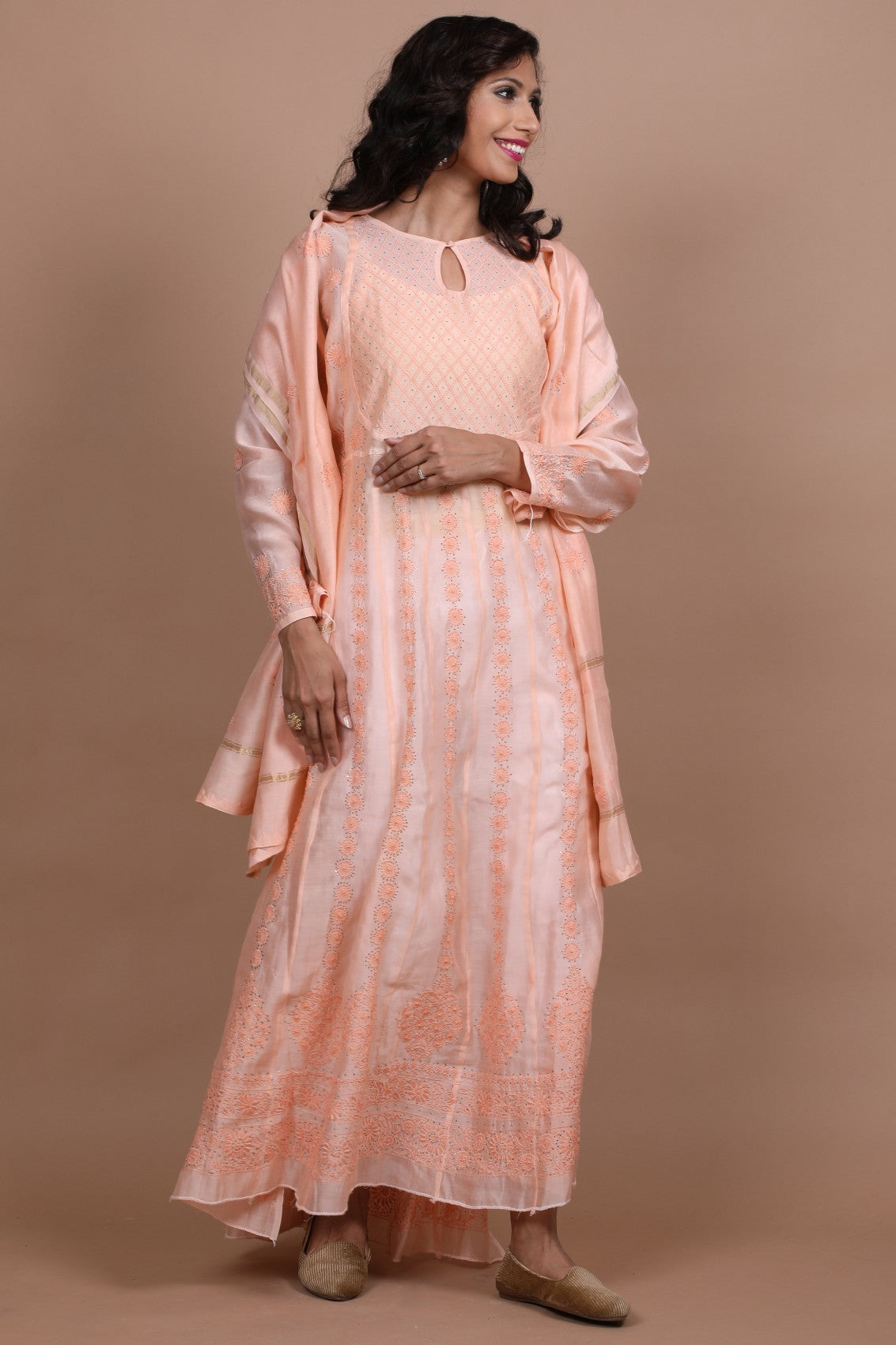Ada Hand Embroidered Salmon Peach Chanderi Lucknowi Chikankari Semi-Stitched Anarkali Kurta Dupatta Set With Muqaish Work A588008
