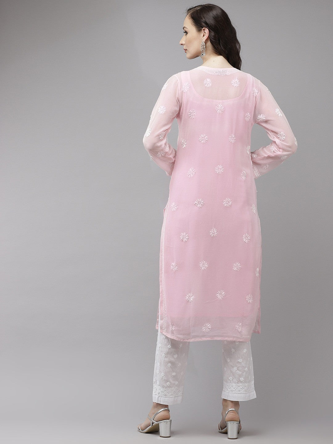 Ada Hand Embroidered Pink Georgette Lucknowi Chikankari Kurta Set with Slip A811217