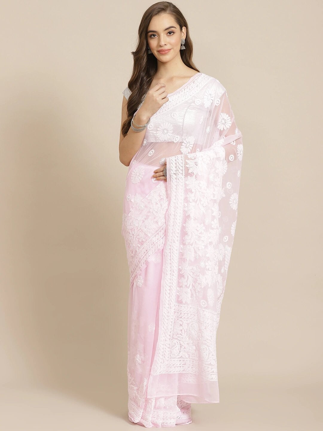 Ada Hand Embroidered Baby Pink Georgette Lucknow Chikan Saree with Blouse A311272