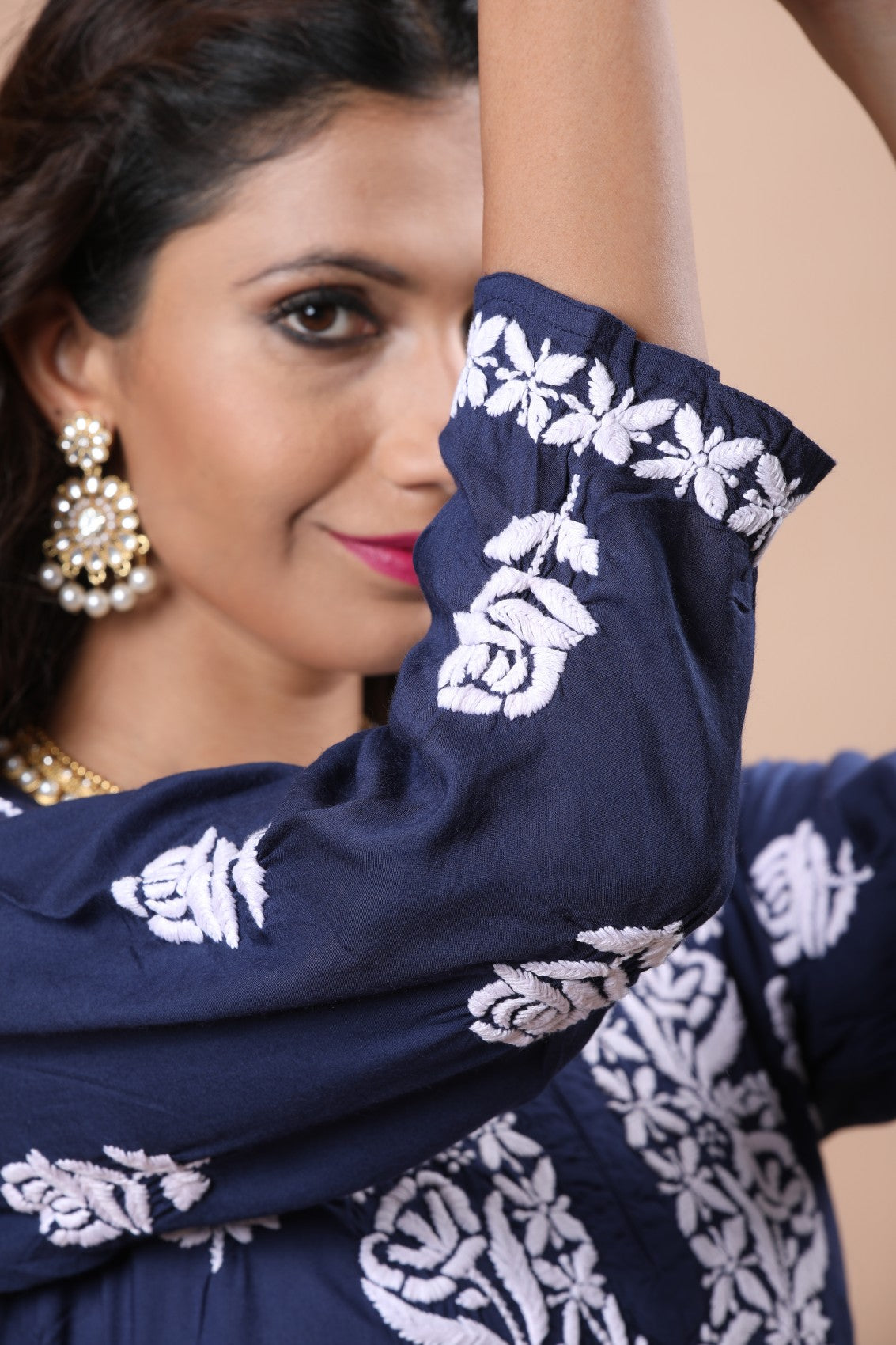 Ada Hand Embroidered Navy Blue Cotton Lucknowi Chikankari Kurta With Plazzo Set 01A206994