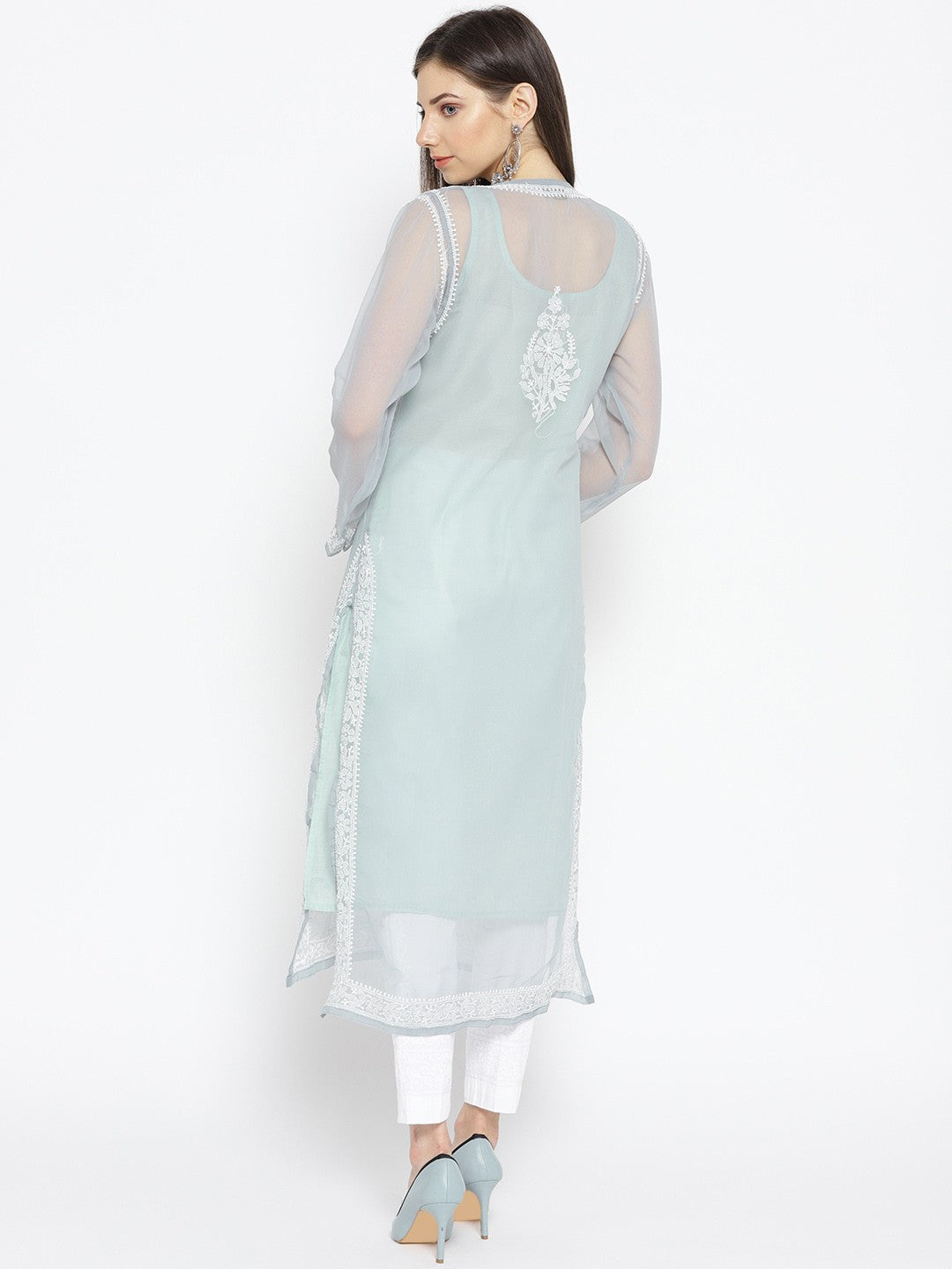 Ada Hand Embroidered Grey Faux Georgette Lucknowi Chikankari Kurta Set with Slip A100043
