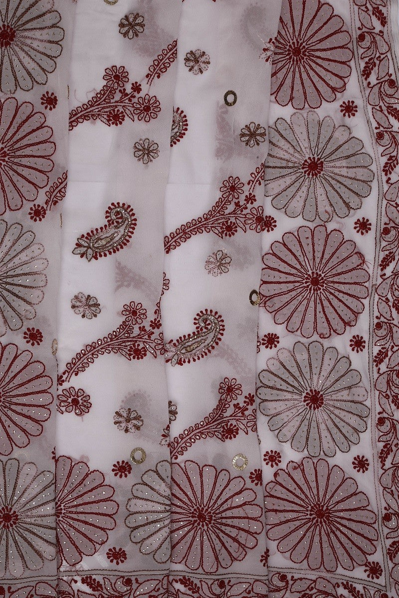 Ada Hand Embroidered White Georgette Lucknowi Chikankari Saree/Blouse With Muqaish Work A407323