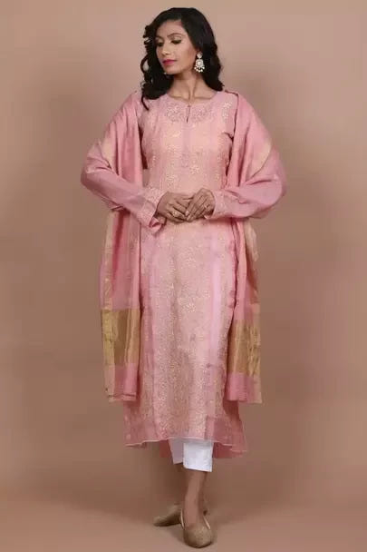 Ada Hand Embroidered Dusty Peach Tissue Lucknowi Chikankari Semi-stitched Kurta Dupatta Set With Muqaish Work 01A229599