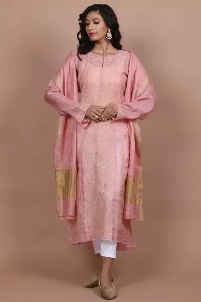 Ada Hand Embroidered Dusty Peach Tissue Lucknowi Chikankari Semi-stitched Kurta Dupatta Set With Muqaish Work 01A229599