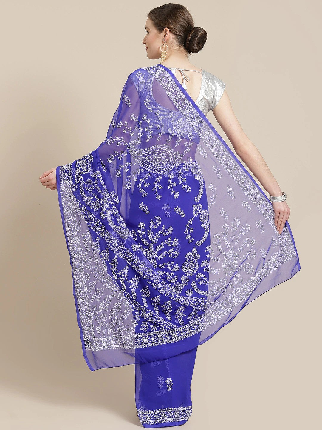 Ada Hand Embroidered Royal Blue Georgette Lucknow Chikan Saree With Blouse- A311247