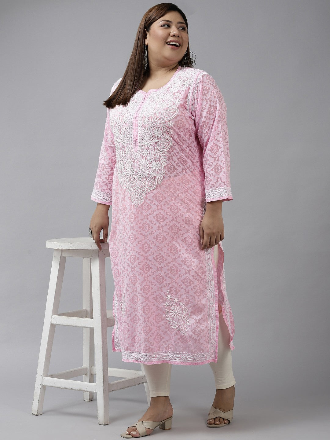 Ada Hand Embroidered Pink Cotton Lucknowi Chikankari Straight Kurta A100108