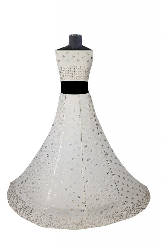 Ada Hand Embroidered White Pure Georgette Lucknowi Chikankari Lehenga Set with Muqaish Work A602582