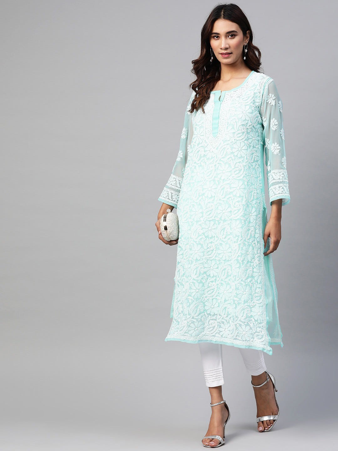Ada Hand Embroidered Turquoise Blue Georgette Lucknowi Chikankari Straight Kurta Set With Slip A811159