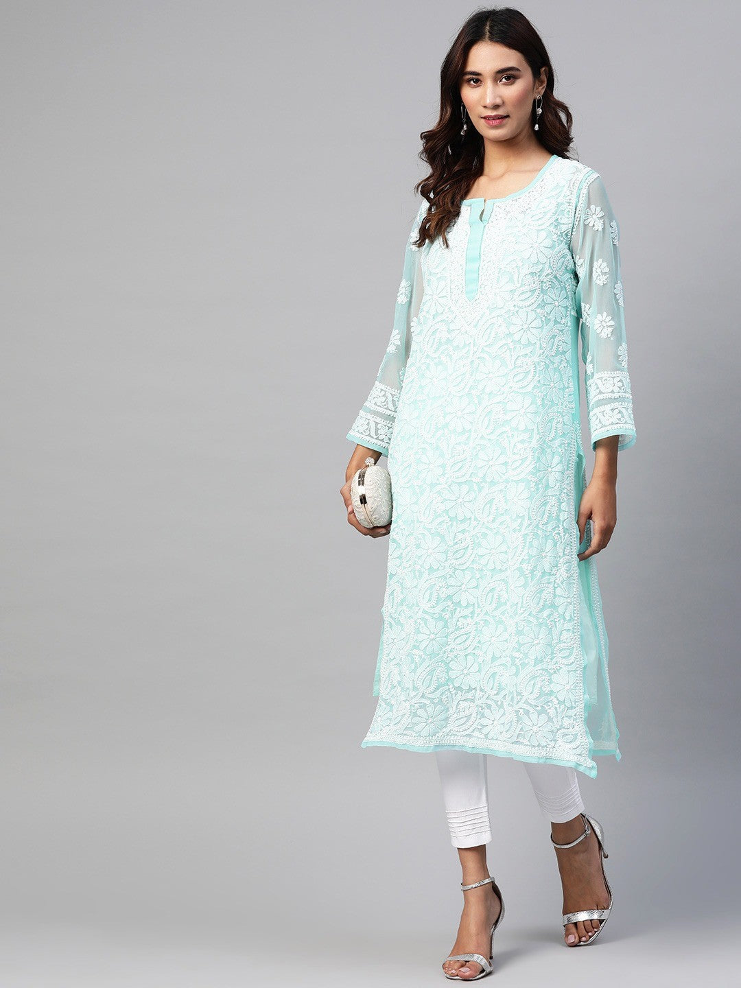 Ada Hand Embroidered Turquoise Blue Georgette Lucknowi Chikankari Straight Kurta Set With Slip A811159