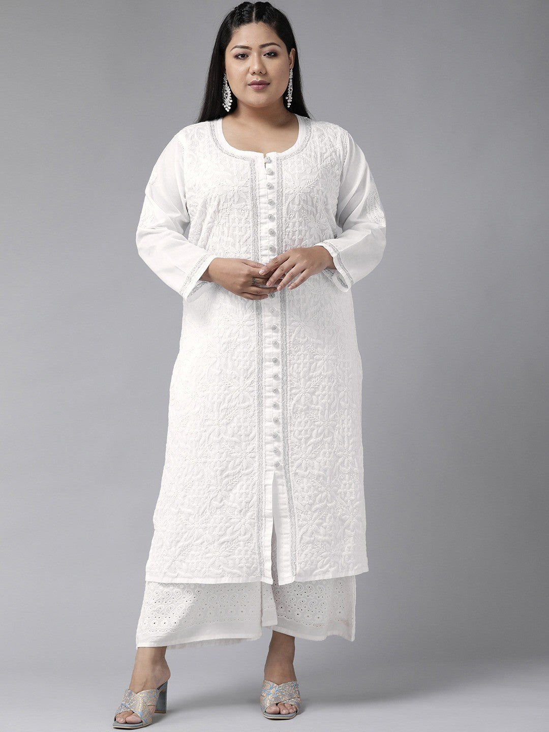 Ada Hand Embroidered White Cotton Lucknowi Chikankari Straight Kurta With Zari Work A345926