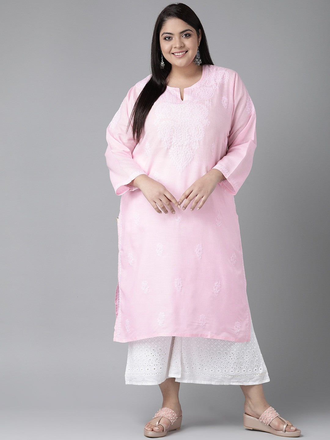 Ada Hand Embroidered Baby Pink Cotton Lucknowi Chikankari Kurta A302192