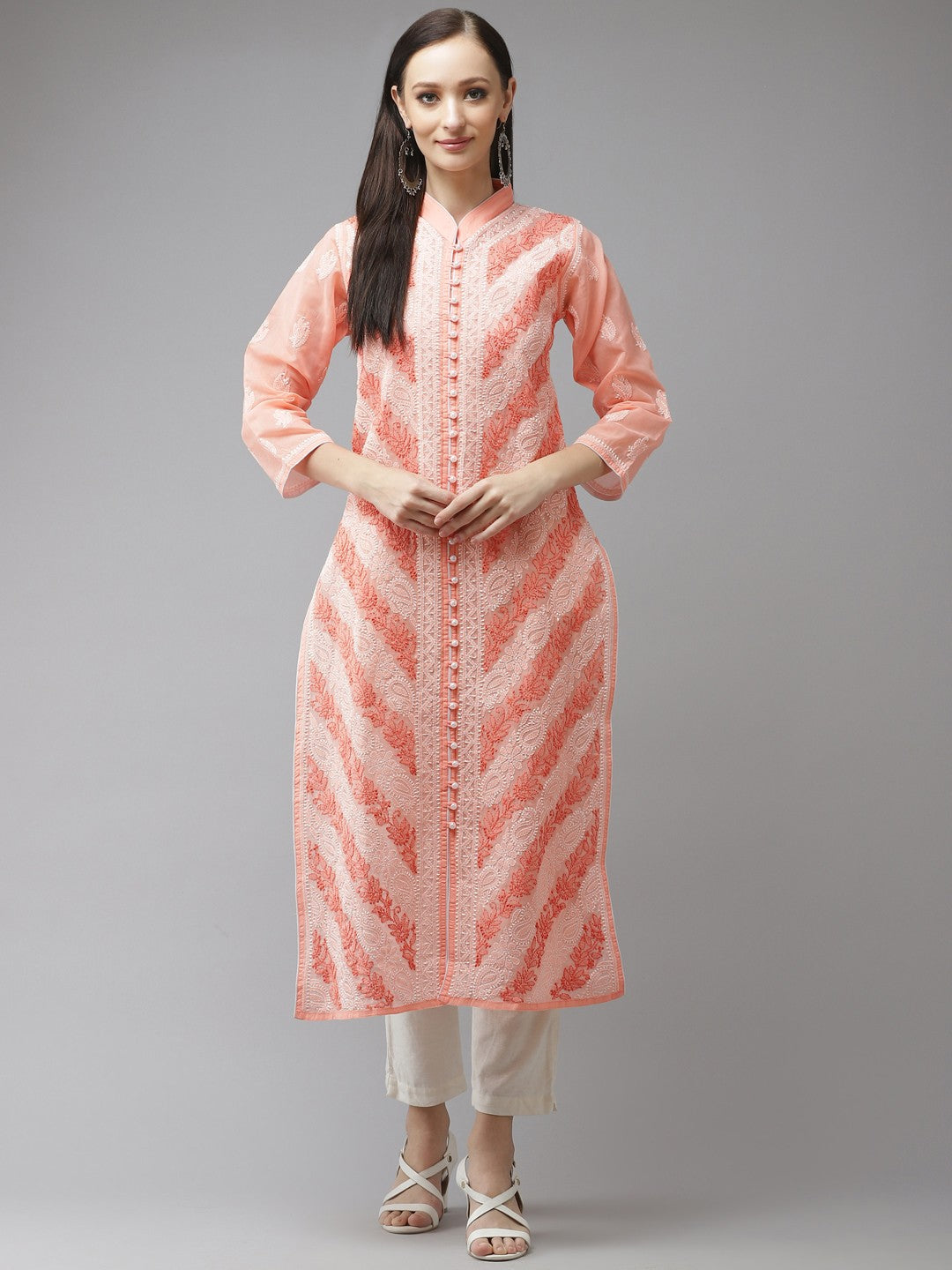 Ada Hand Embroidered Peach Cotton Lucknow Chikan Kurta A411321