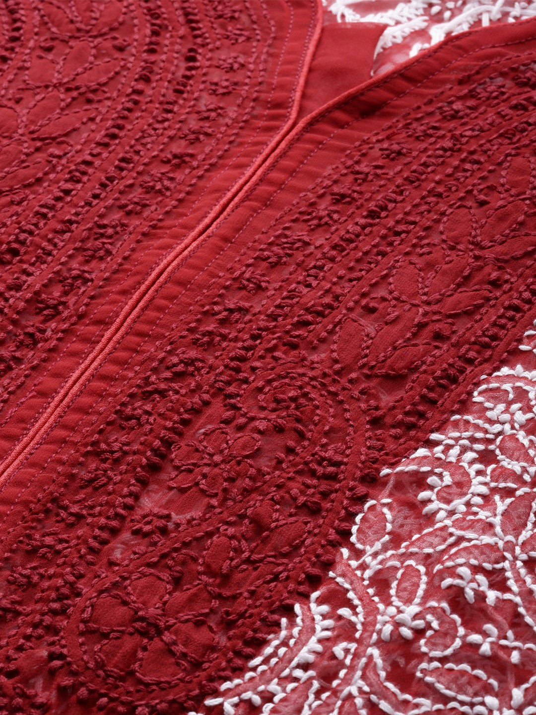 Ada Hand Embroidered Red Georgette Lucknowi Chikankari Straight Kurta A237437