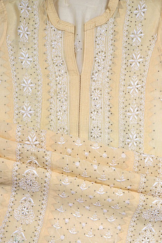 Ada Hand Embroidered Fawn Chanderi Lucknowi Chikan Unstitched Kurta Dupatta Set A145986