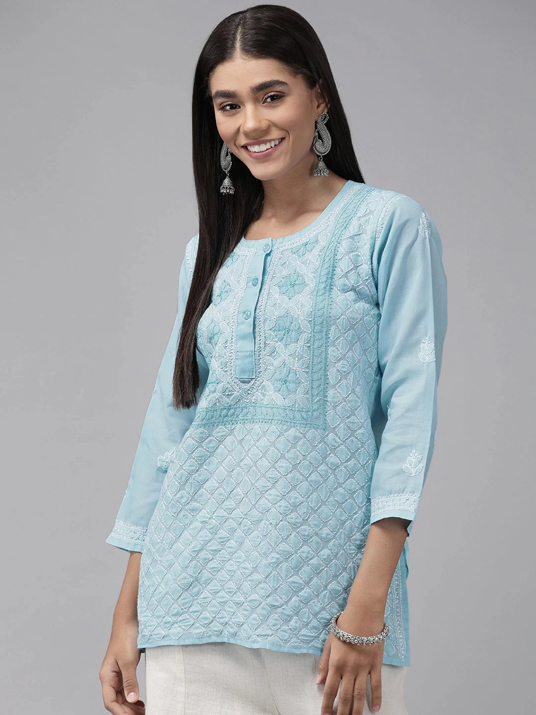 Ada Hand Embroidered Blue Cotton Lucknowi Chikankari Straight Kurti A911238