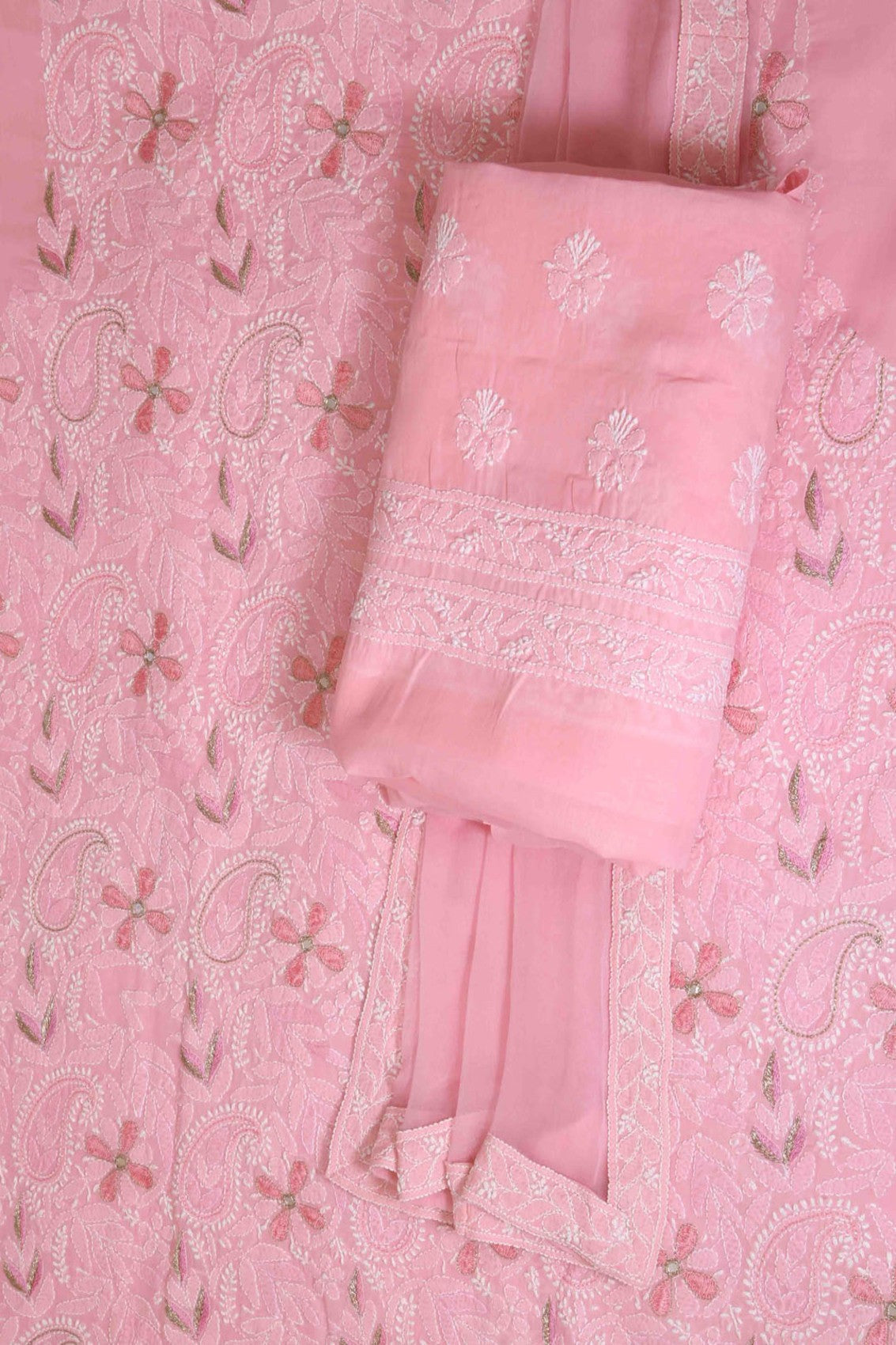 Ada Hand Embroidered Pink Cotton Lucknowi Chikankari Unstitched Suit Piece With Zardozi Work 01A191856