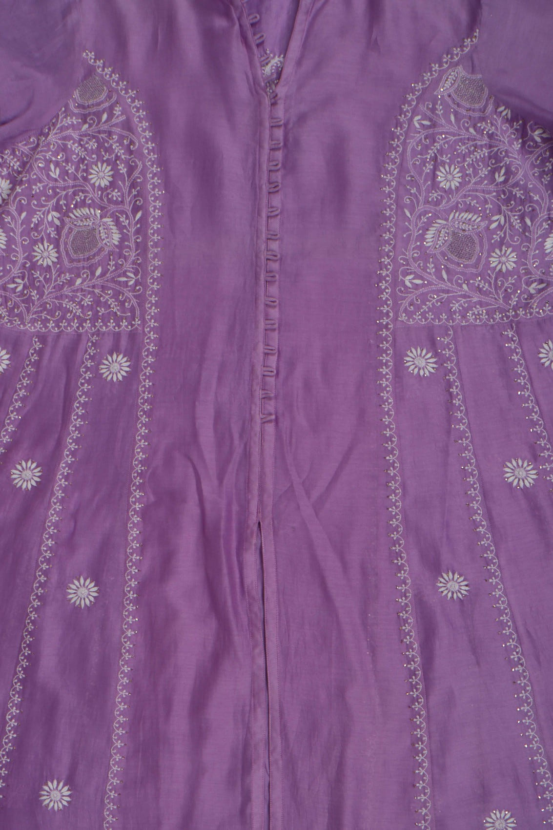 Ada Hand Embroidered Mauve Chanderi Lucknowi Chikankari Semi-Stitched Anarkali Kurta With Muqaish Work A601077