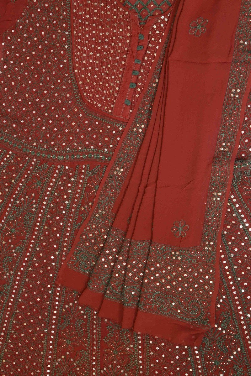 Ada Hand Embroidered Maroon Pure Georgette Lucknowi Chikan Semi-stitched Anarkali Kurta Dupatta Set with Muqaish Work A607991