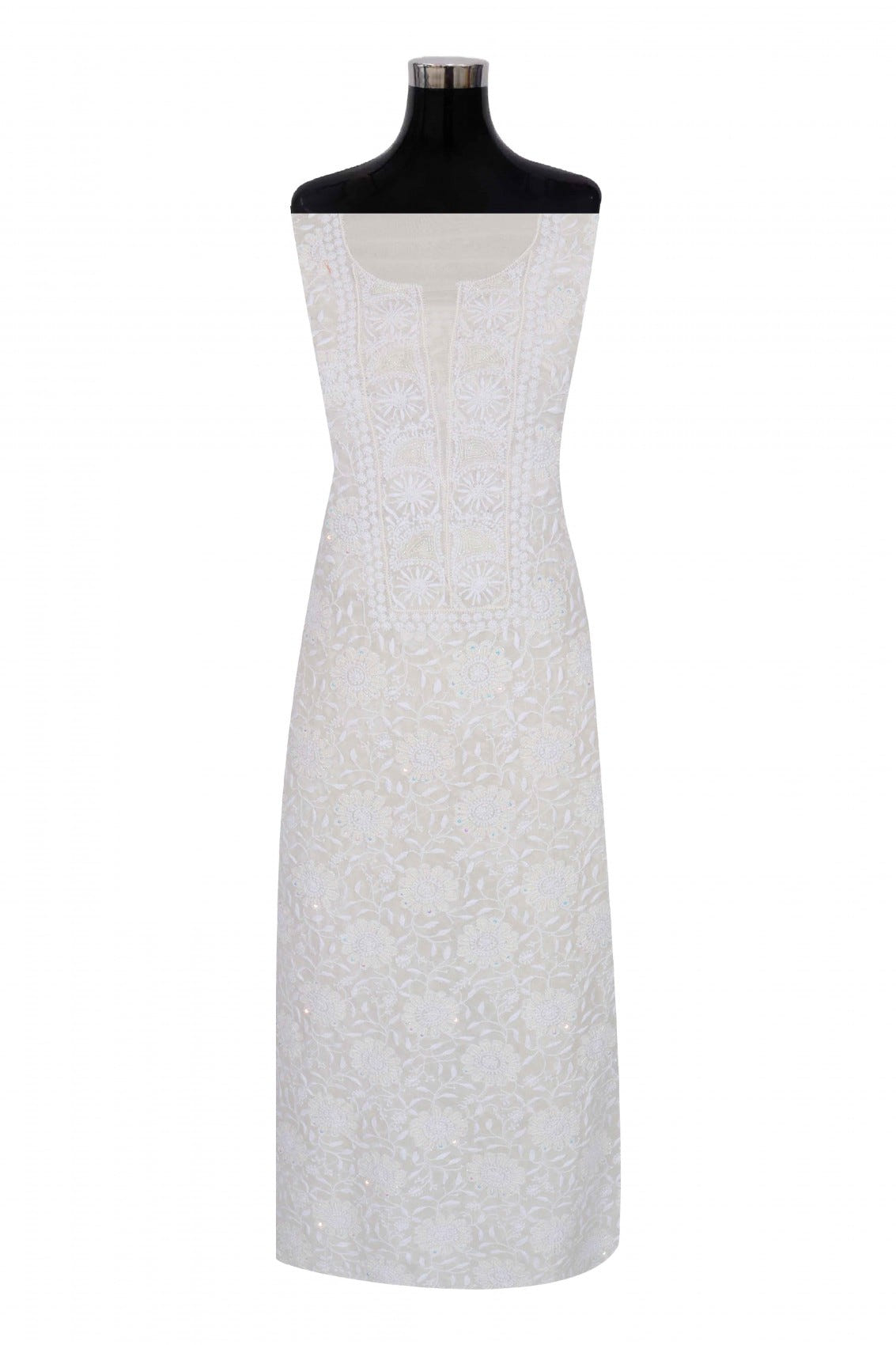 Ada Hand Embroidered White Pure Georgette Lucknowi Chikankari Unstitched Kurta Dupatta Set With Pearl Work 01A186865