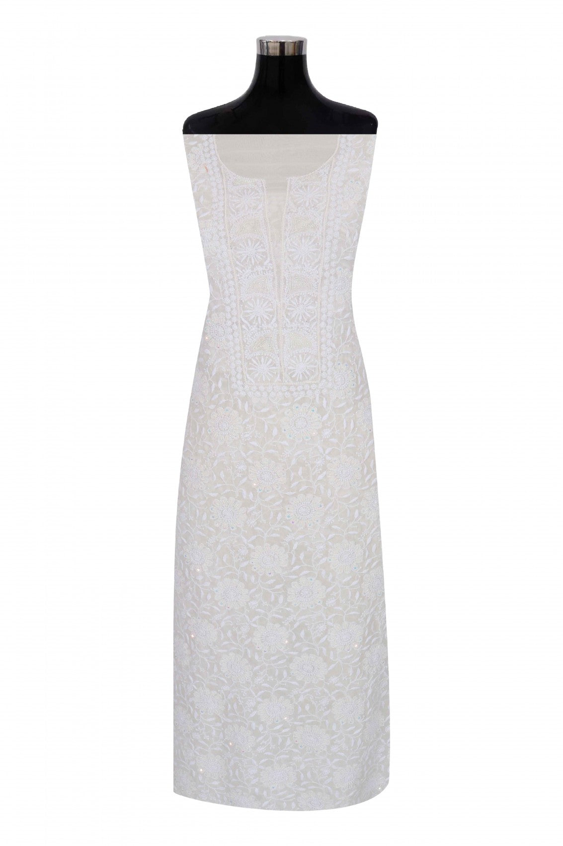 Ada Hand Embroidered White Pure Georgette Lucknowi Chikankari Unstitched Kurta Dupatta Set With Pearl Work 01A186865