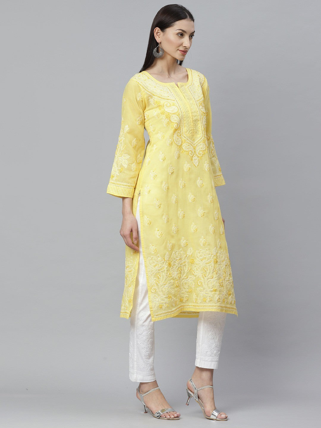 Ada Hand Embroidered Yellow Cotton Lucknowi Chikankari Straight Kurta With Trouser Set A811136