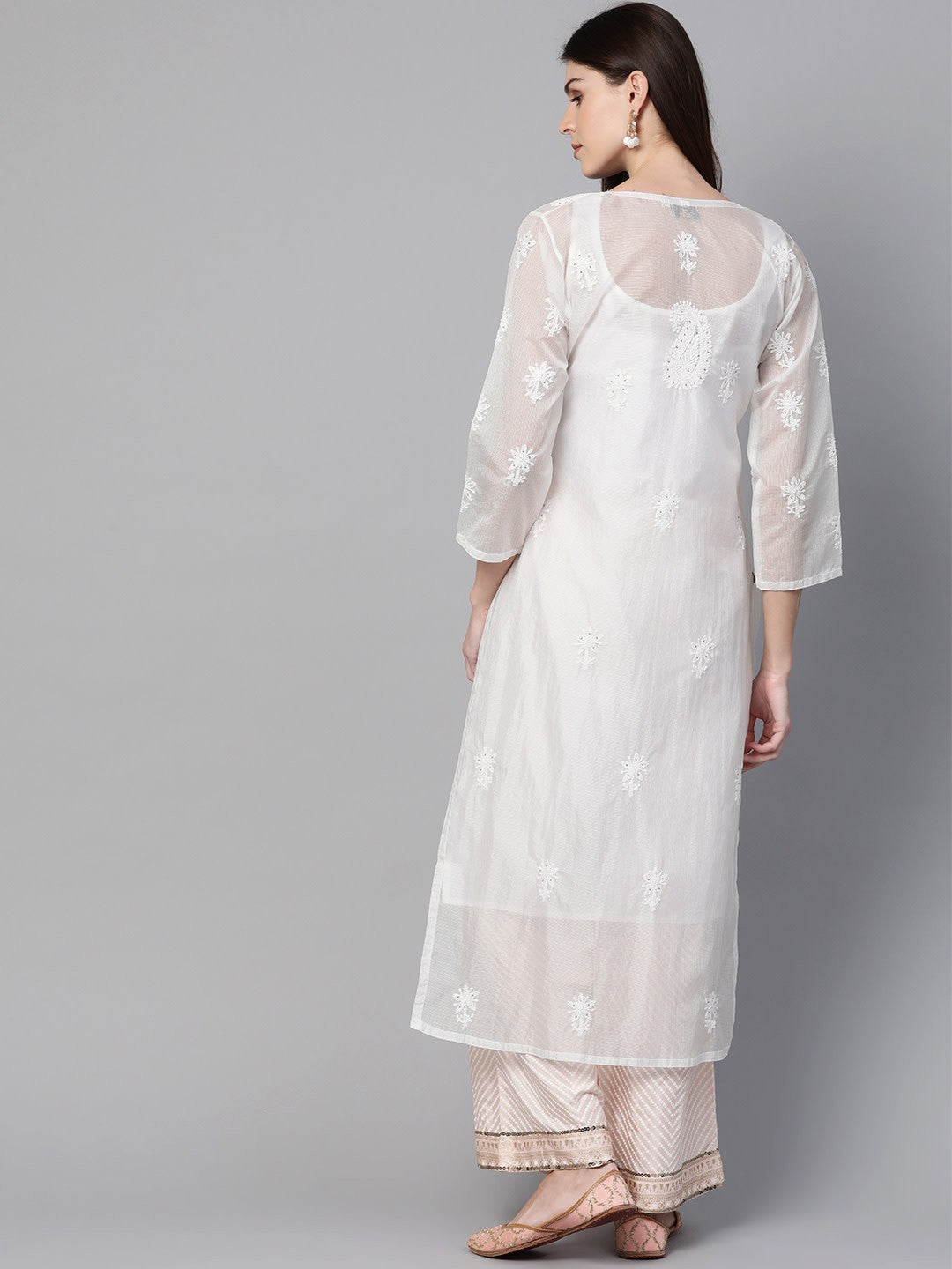 Ada Hand Embroidered White Kota Lucknowi Chikankari Straight Kurta/Slip With Muqaish Work A100412