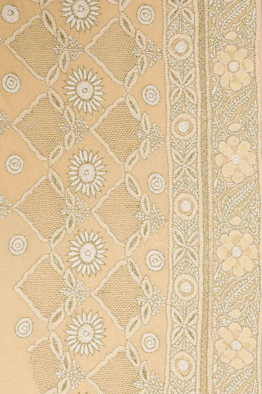 Ada Hand Embroidered Dark Butter Cream Pure Georgette Lucknowi Chikankari Saree With Blouse- A18819