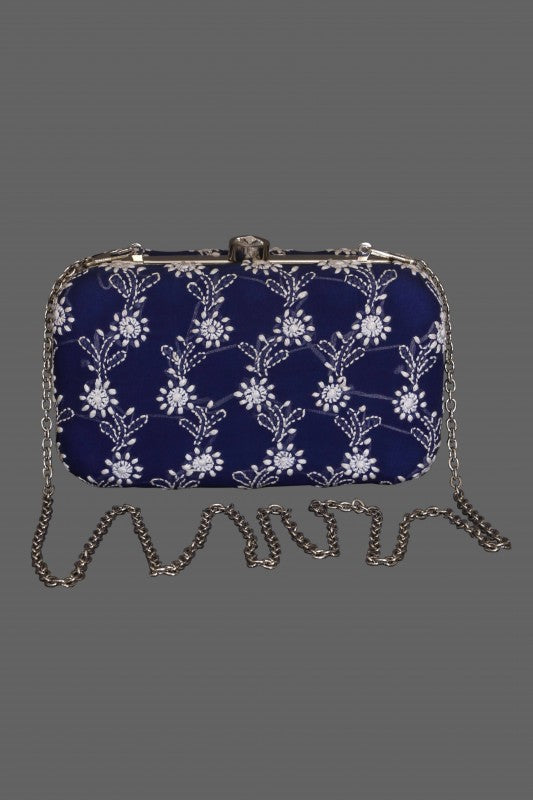 Ada Hand Embroidered Royal Blue Pure Georgette Lucknow Chikankari Clutch-A477968