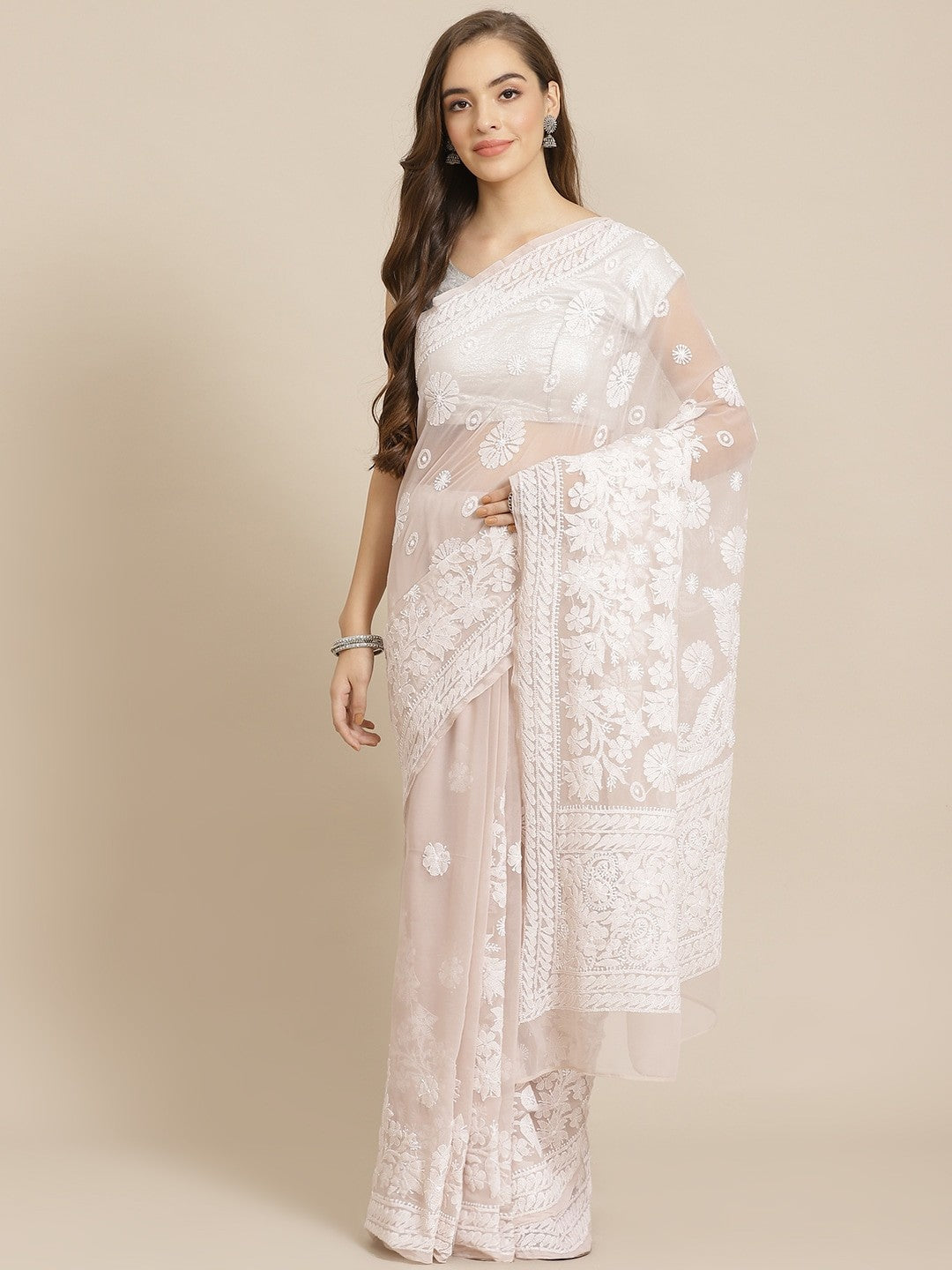 Ada Hand Embroidered Beige Georgette Lucknow Chikan Saree with Blouse A311277