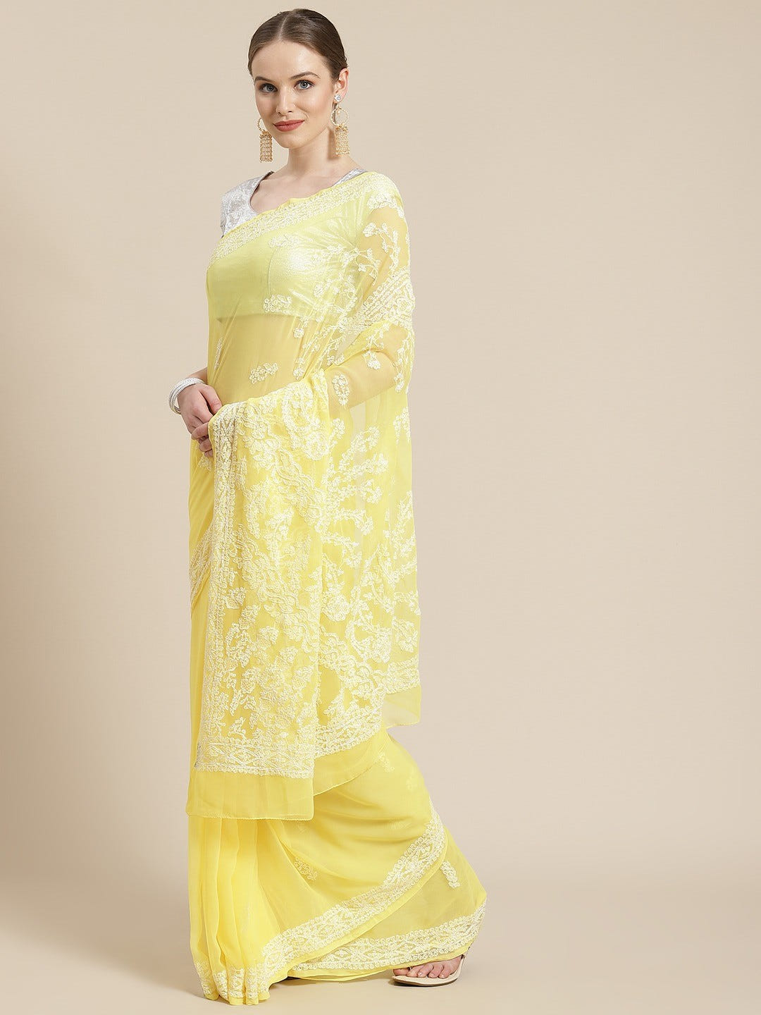 Ada Hand Embroidered Yellow Georgette Lucknow Chikan Saree With Blouse-A311246