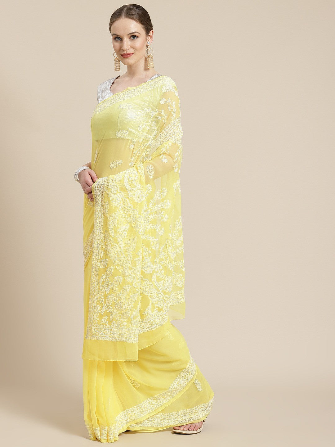 Ada Hand Embroidered Yellow Georgette Lucknow Chikan Saree With Blouse-A311246