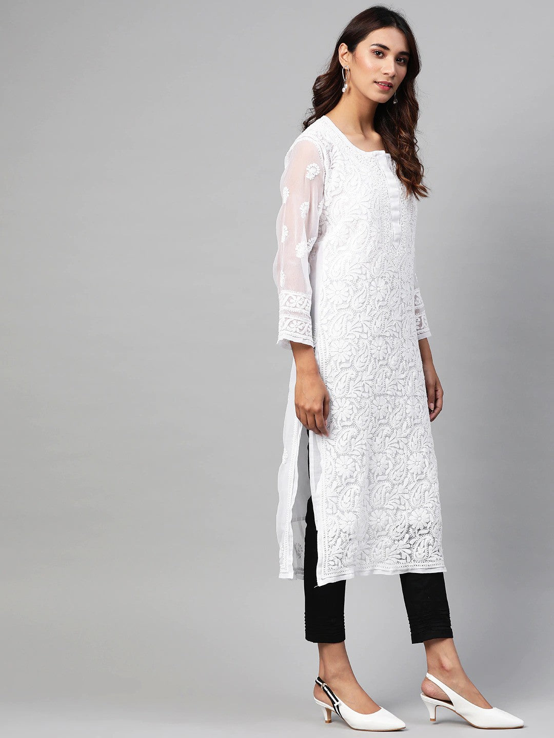 Ada Hand Embroidered White Georgette Lucknowi Chikankari Straight Kurta & Trouser Set With Slip A811160