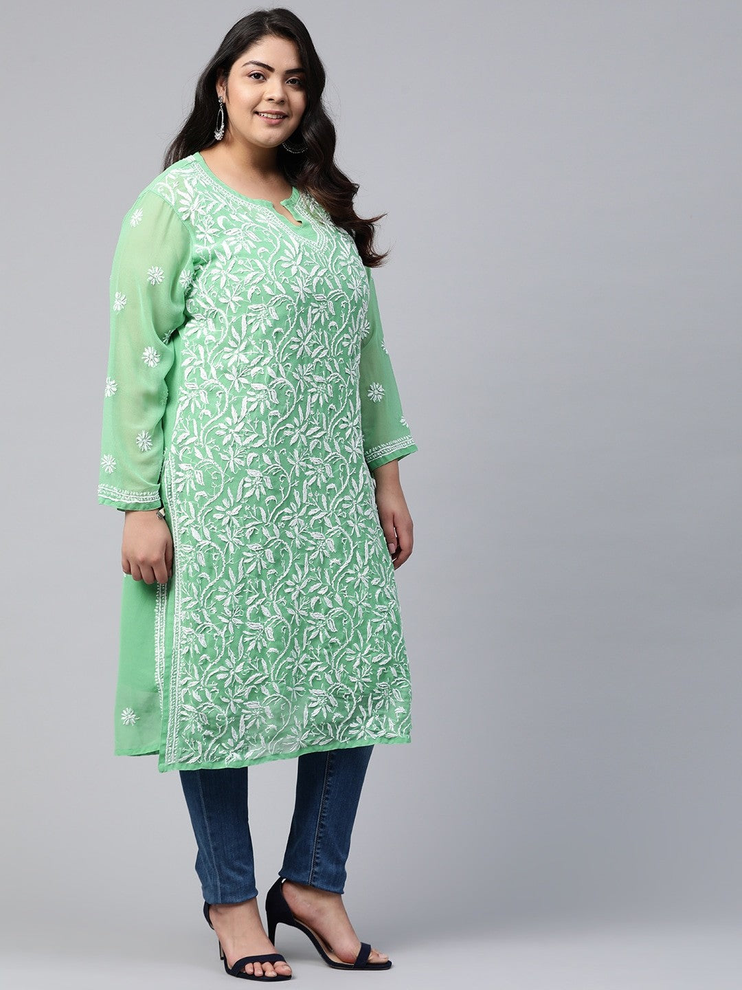 Ada Hand Embroidered Green Georgette Lucknowi Chikankari Straight Kurta with Slip A229644