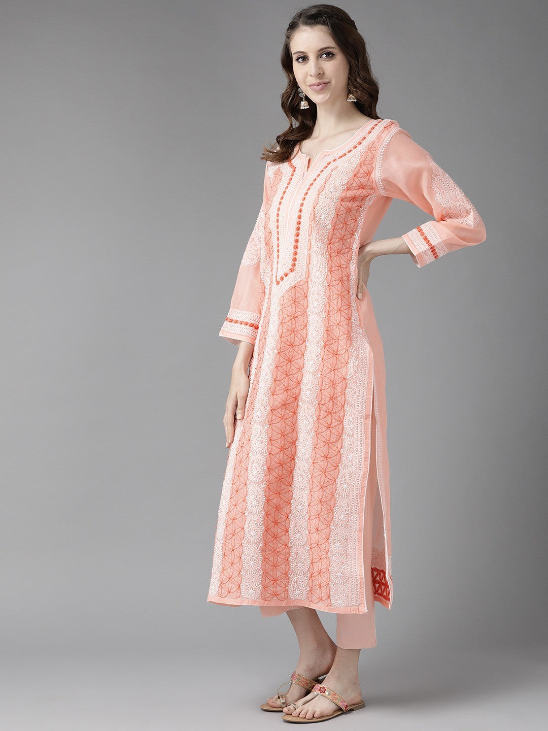 Ada Hand Embroidered Peach Cotton Lucknow Chikan Straight Kurta-A230774
