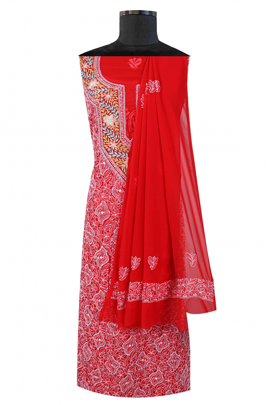 Ada Hand Embroidered Red Georgette Lucknowi Chikankari Unstitched Suit Piece With Pearl Work 01A146081