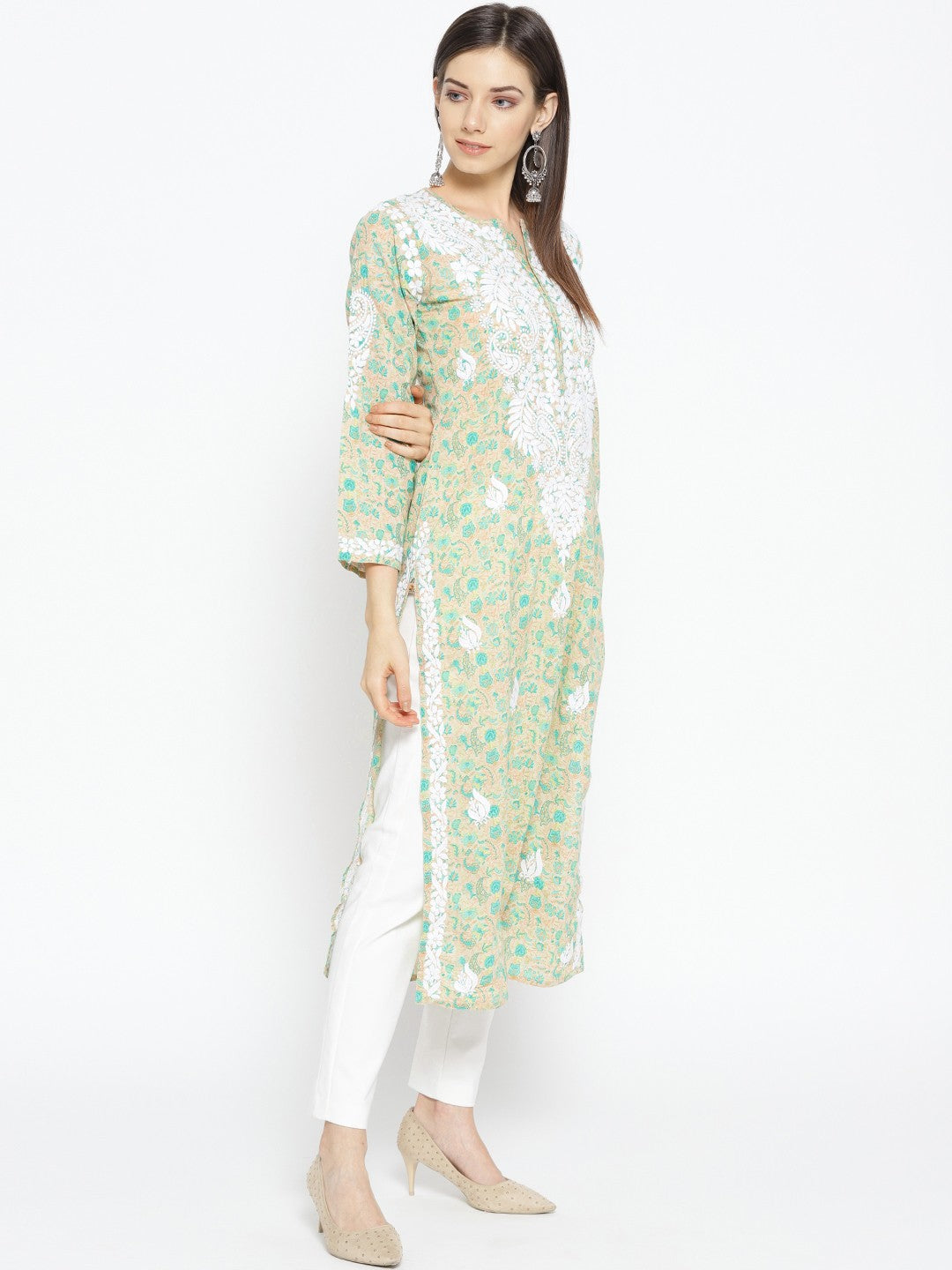 Ada Hand Embroidered Fawn Green Cotton Lucknowi Chikankari Straight Kurta- A100037