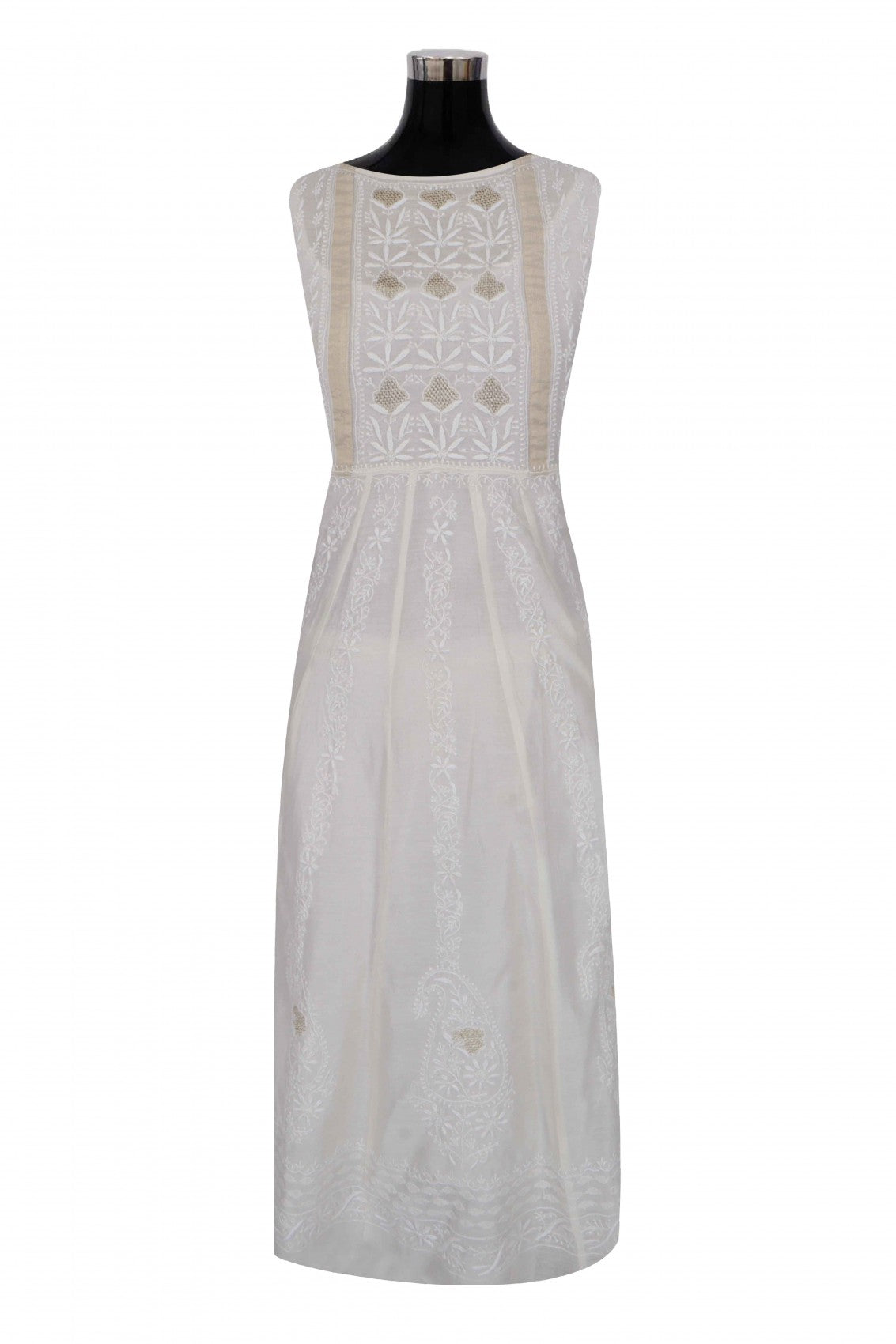 Ada Hand Embroidered Off White Chanderi Lucknowi Chikankari Semi-Stitched Anarkali Kurta Dupatta Set With Zari Work 01A264077