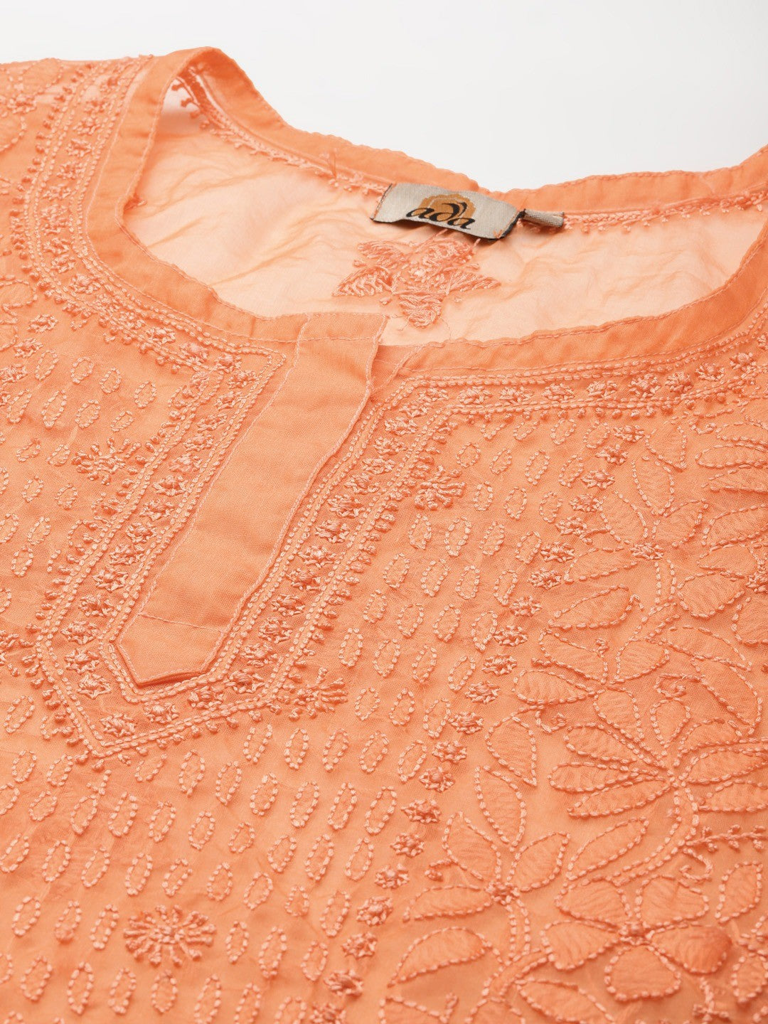 Ada Hand Embroidered Orange Organza Lucknowi Chikankari Kurti With Slip A911163